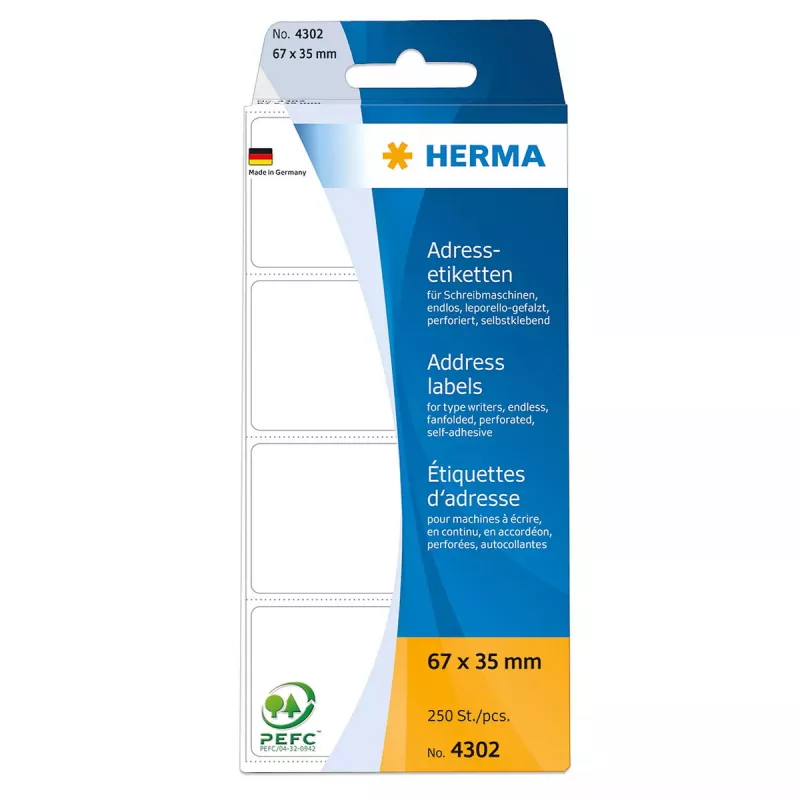 Adresų etiketės HERMA ištisinės vėduoklinės 67x37 mm baltas popierius 250 vnt.