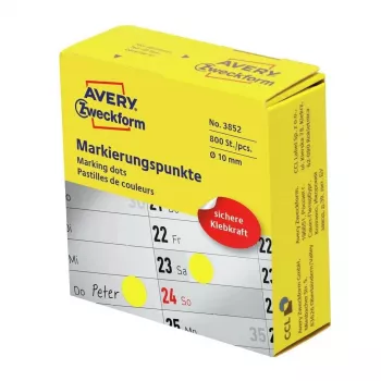 Lipnios apvalios etiketės Avery 3852, 1 cm skersmuo, nuolatiniai klijai, 800 vnt., geltonos