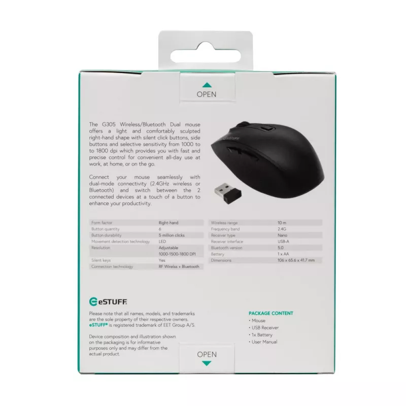 eSTUFF GLB214002 pelė Biuro Dešiniarankiams RF belaidė + Bluetooth IR LED 1800 DPI