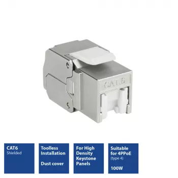 ACT Keystone Jack RJ45 CAT6 ekranuotas, be įrankių, su sklende, sidabrinis baltas
