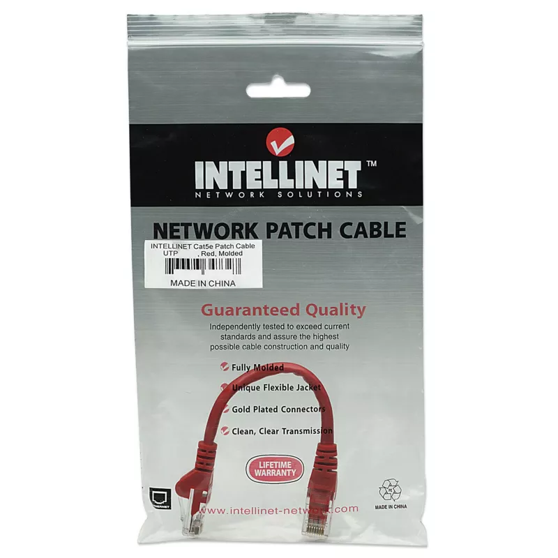 Intellinet tinklo kabelis, Cat5e, 0,5 m, raudonas, CCA, U/UTP, PVC, RJ45, auksuoti kontaktai, nesikabinantis, apsauginė mova, garantija visam tarnavimo laikui