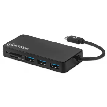 Manhattan USB-C dokas / šakotuvas su kortelių skaitytuvu, prievadai (x3): USB-A (x3), 5 Gbps (USB 3.2 Gen1, dar žinomas kaip USB 3.0), išorinio maitinimo šaltinio nereikia, universalus visiems įrenginiams, SuperSpeed USB, juodas, trejų metų garantija
