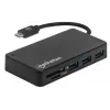 Manhattan USB-C dokas / šakotuvas su kortelių skaitytuvu, prievadai (x3): USB-A (x3), 5 Gbps (USB 3.2 Gen1, dar žinomas kaip USB 3.0), išorinio maitinimo šaltinio nereikia, universalus visiems įrenginiams, SuperSpeed USB, juodas, trejų metų garantija