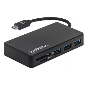 Manhattan USB-C dokas / šakotuvas su kortelių skaitytuvu, prievadai (x3): USB-A (x3), 5 Gbps (USB 3.2 Gen1, dar žinomas kaip USB 3.0), išorinio maitinimo šaltinio nereikia, universalus visiems įrenginiams, SuperSpeed USB, juodas, trejų metų garantija