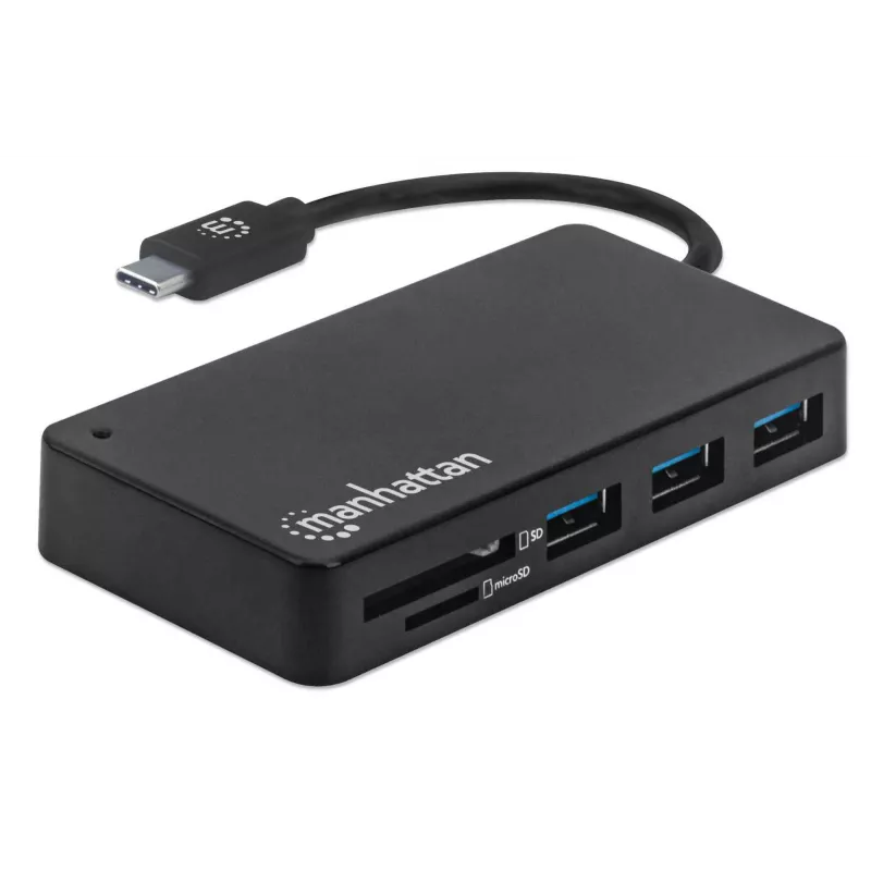 Manhattan USB-C dokas / šakotuvas su kortelių skaitytuvu, prievadai (x3): USB-A (x3), 5 Gbps (USB 3.2 Gen1, dar žinomas kaip USB 3.0), išorinio maitinimo šaltinio nereikia, universalus visiems įrenginiams, SuperSpeed USB, juodas, trejų metų garantija