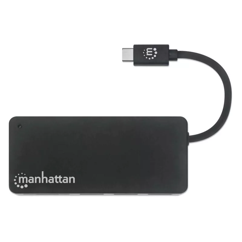 Manhattan USB-C dokas / šakotuvas su kortelių skaitytuvu, prievadai (x3): USB-A (x3), 5 Gbps (USB 3.2 Gen1, dar žinomas kaip USB 3.0), išorinio maitinimo šaltinio nereikia, universalus visiems įrenginiams, SuperSpeed USB, juodas, trejų metų garantija