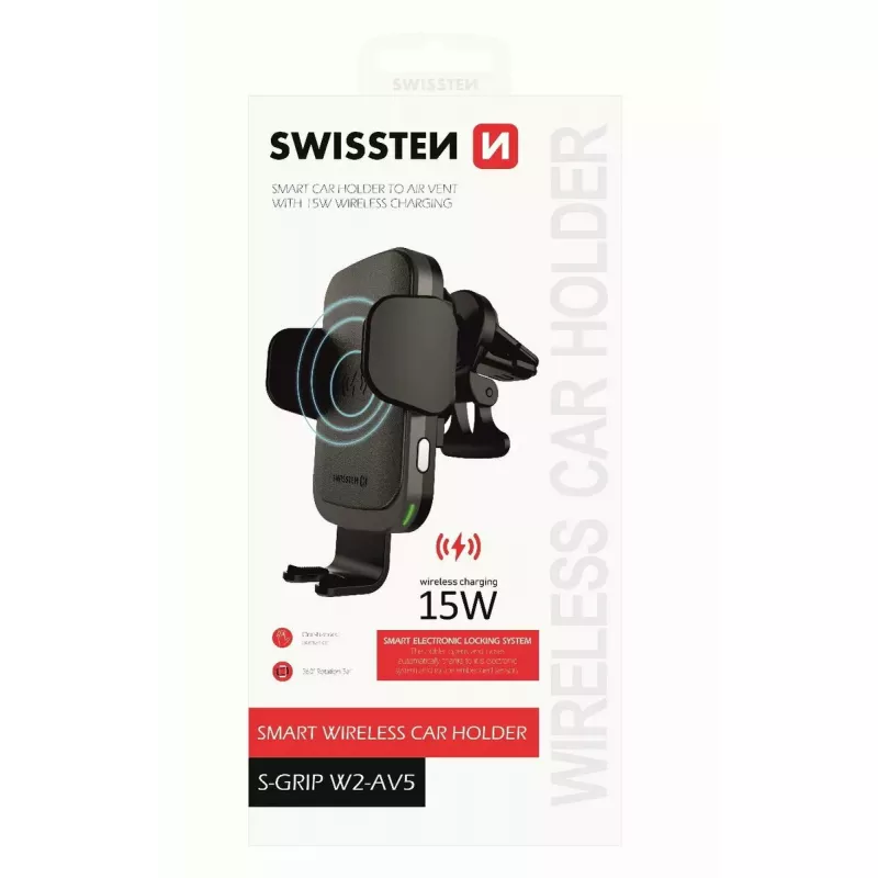 Automobilinis belaidis įkroviklis ir laikiklis SWISSTEN W2-AV5, 15 W Qi įkrovimas, 1,2 m Micro USB laidas