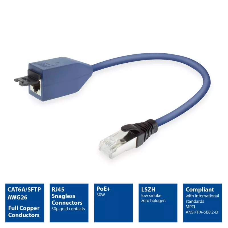 ACT mėlynas 1 metro LSZH SFTP CAT6A MPTL ilginamasis kabelis su apsaugotais RJ45 jungčių skląsčiais