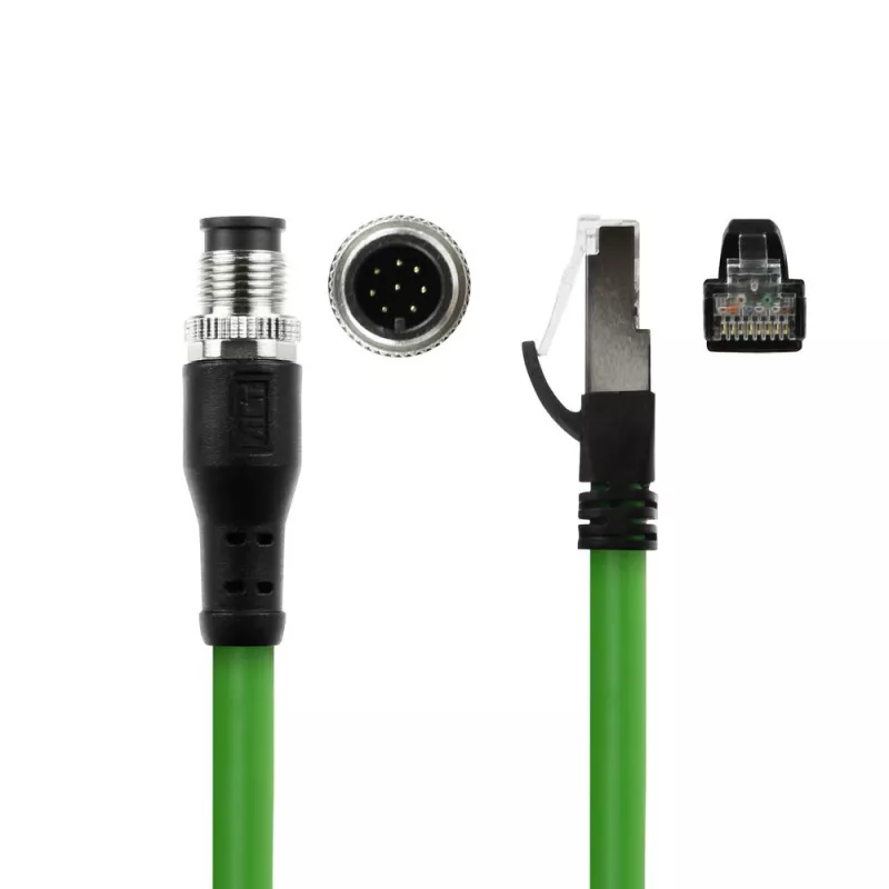 ACT Industrial 5.00 metrų jutiklio kabelis M12A 8 kontaktų kištukas į RJ45 kištuką, Ultraflex SF/UTP TPE kabelis, ekranuotas