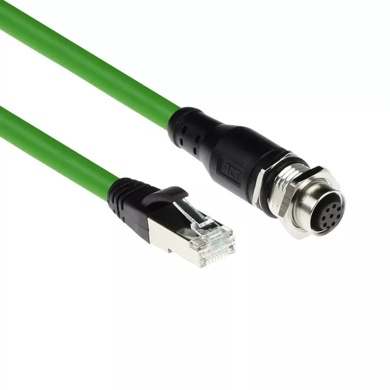 ACT Industrial 5.00 metrų jutiklio kabelis M12A 8 kontaktų kištukinė jungtis į RJ45 kištuką, Ultraflex SF/UTP TPE kabelis, ekranuotas