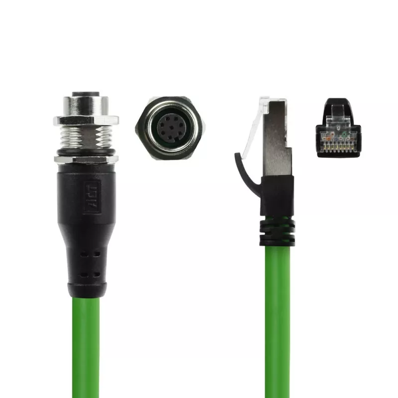 ACT Industrial 5.00 metrų jutiklio kabelis M12A 8 kontaktų kištukinė jungtis į RJ45 kištuką, Ultraflex SF/UTP TPE kabelis, ekranuotas