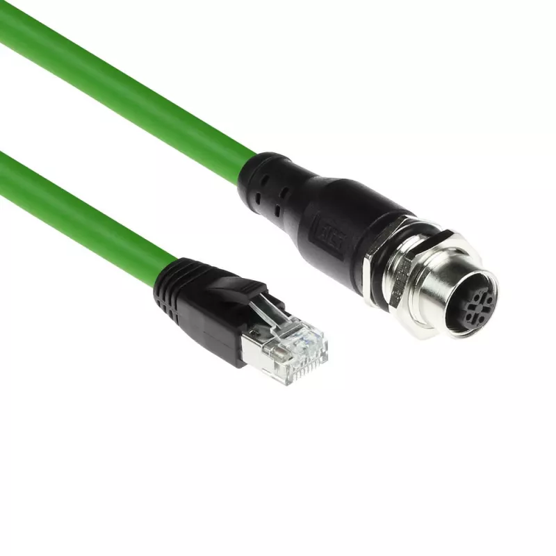 ACT Industrial 1,50 metro jutiklio kabelis M12D 4 kontaktų kištukinis lizdas ant korpuso į RJ45 kištuką, Superflex Xtreme TPE kabelis, ekranuotas