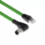 ACT Industrial 1,50 m jutiklio kabelis M12D 4 kontaktų kištukas, status kampinis, į RJ45 kištuką, Superflex Xtreme TPE kabelis, ekranuotas