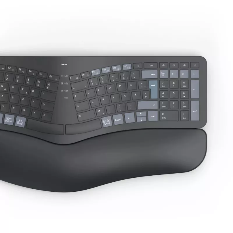 „Hama WK-900 Ergo“ klaviatūra „Home/Office“ RF belaidis + „Bluetooth“ QWERTZ juoda, mėlyna, tamsiai pilka
