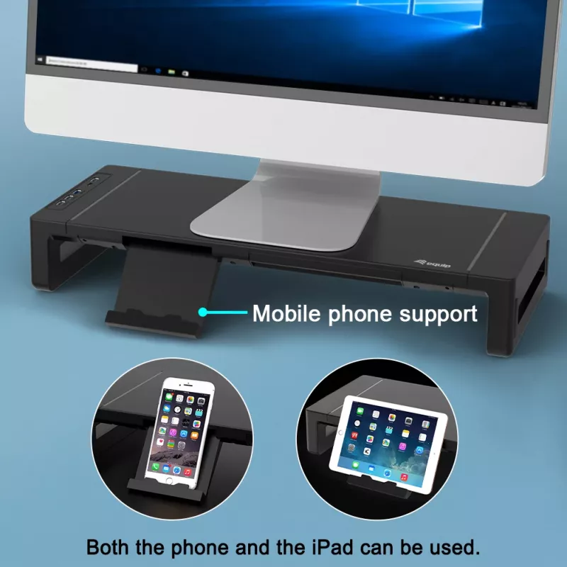 Monitoriaus stovas EQUIP Ergonominis monitoriaus stovas su USB (USB-A x4, USB-C x1), laisvai pastatomas, 25 kg, juodas