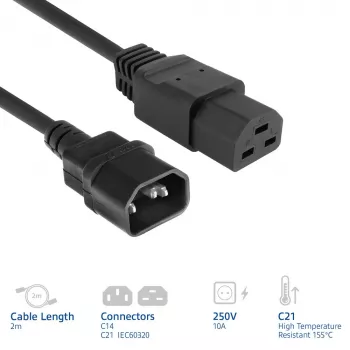 ACT maitinimo laidas C14 į C21 IEC60320, 2 m, 250 V, 10 A, juodas