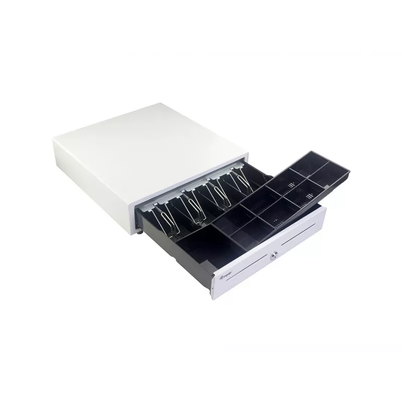 Kasos stalčius EQUIP 351011, rankinis/automatinis POS stalčius, 4 banknotų / 8 monetų skyriai, metalinis, baltas, 420×405×110 mm