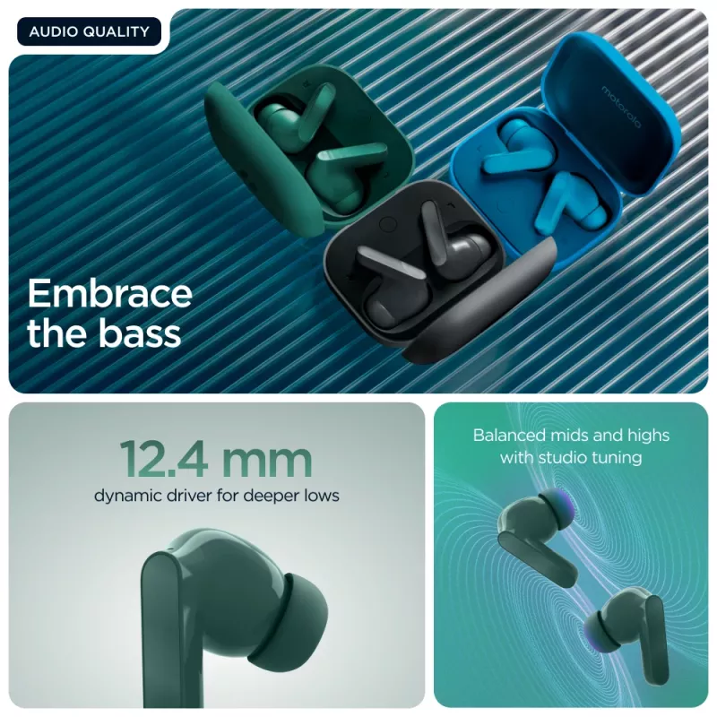 Motorola Moto Buds Bass ausinės True Wireless Stereo (TWS) į ausis Skambučiams / muzikai Bluetooth Žalia