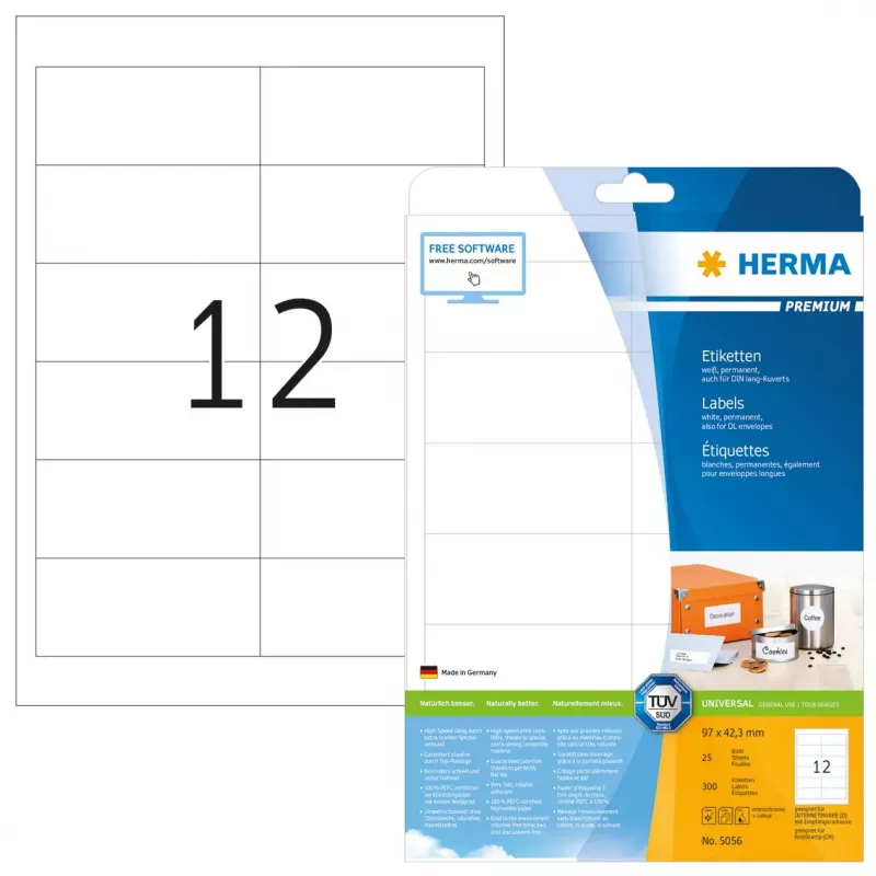 Lipnūs spausdintuvo etikečių lapai HERMA Labels Premium A4 97x42,3 mm