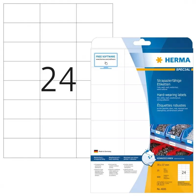 Patvarios HERMA etiketės A4 70x37 mm baltos stipriai lipnios plėvelės matinės atsparios oro sąlygoms 600 vnt.