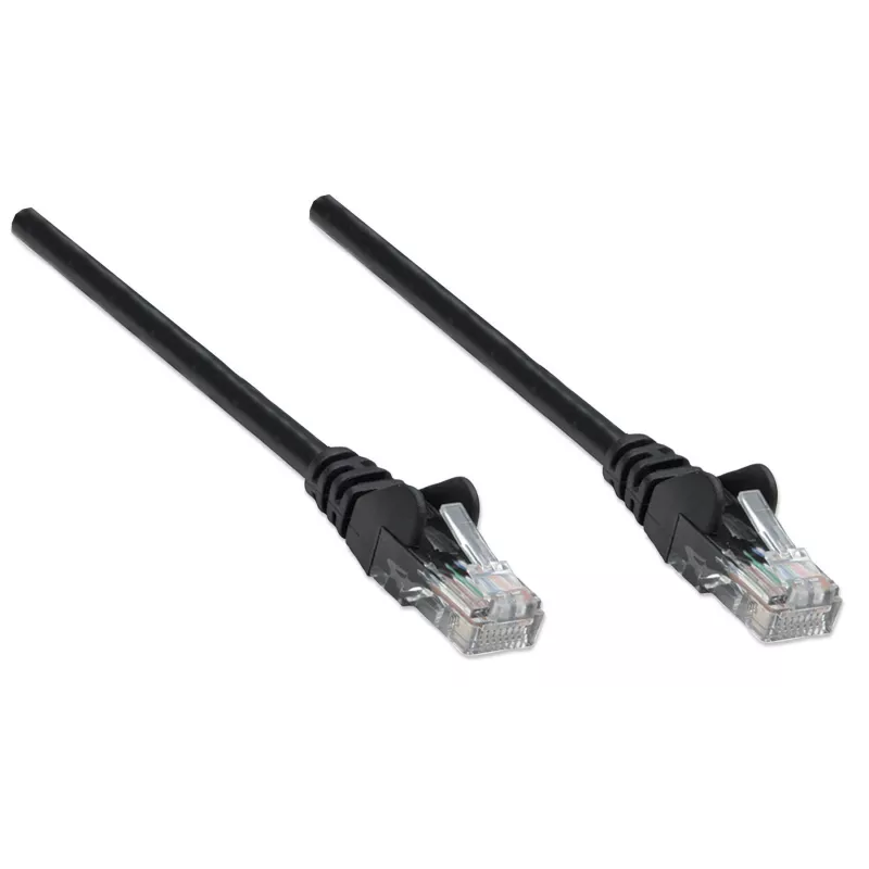 Intellinet tinklo komutacinis kabelis, Cat5e, 0,25 m, juodas, CCA, U/UTP, PVC, RJ45, auksu dengti kontaktai, be kabliukų, su įmova, garantija visam naudojimo laikui