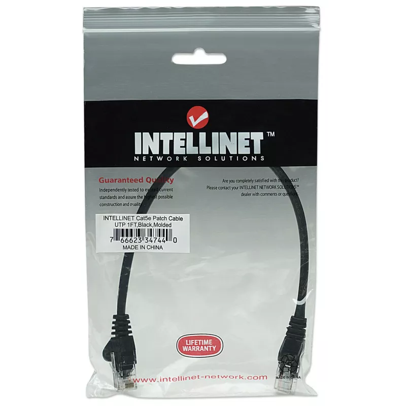 Intellinet tinklo komutacinis kabelis, Cat5e, 0,25 m, juodas, CCA, U/UTP, PVC, RJ45, auksu dengti kontaktai, be kabliukų, su įmova, garantija visam naudojimo laikui