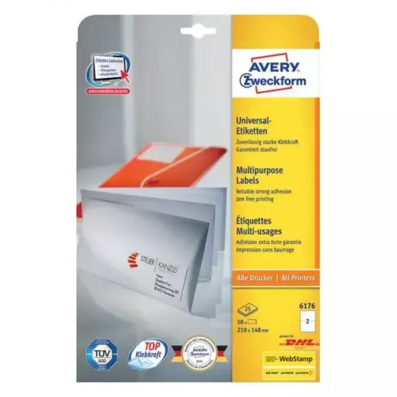 Etikečių lapai Avery Zweckform modelis 6176 — 210 × 148 mm spausdinami lapai, pakuotės formatas