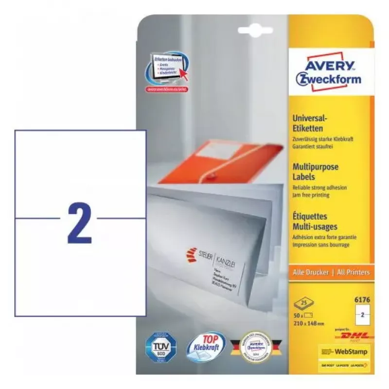Etikečių lapai Avery Zweckform modelis 6176 — 210 × 148 mm spausdinami lapai, pakuotės formatas
