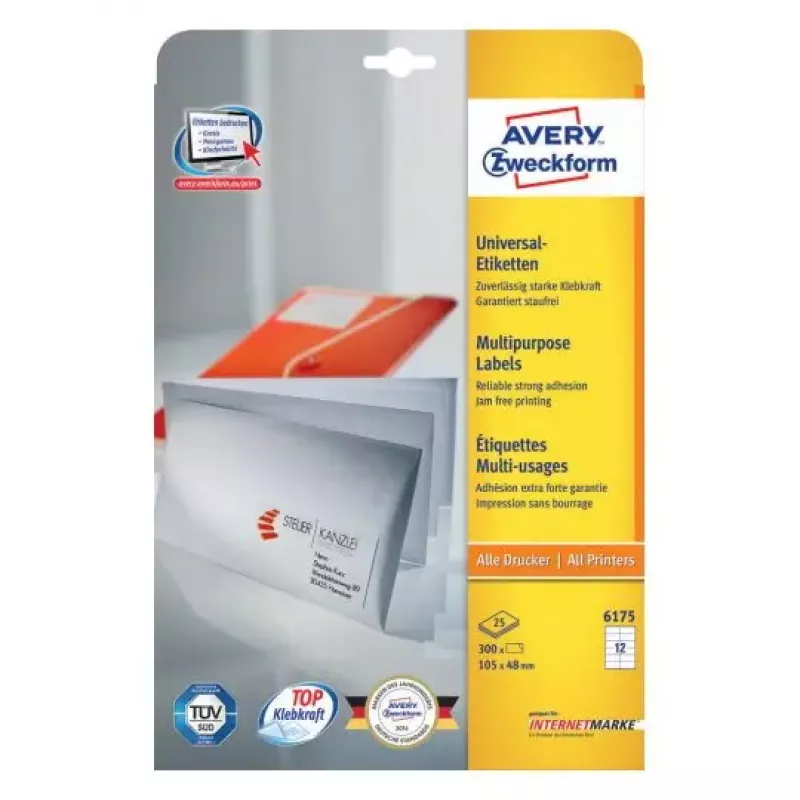 Lipnios stačiakampės etiketės Avery Zweckform 6175 — nuolatinės, baltos, 300 vnt.