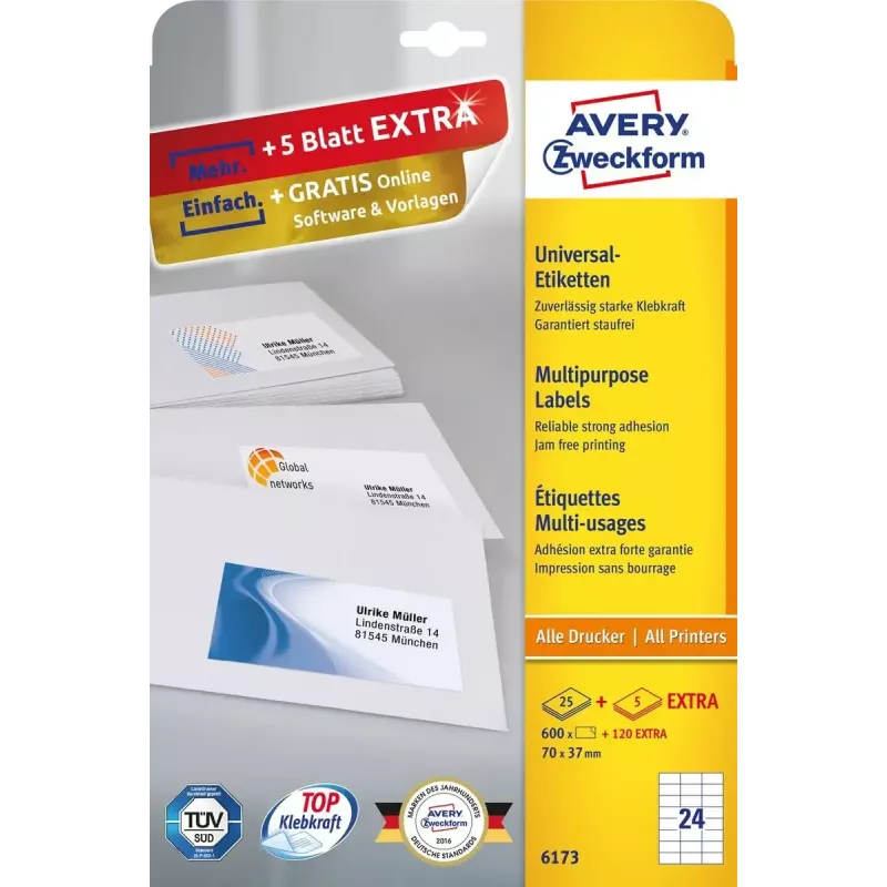 Lipnios etiketės Avery Zweckform 6173 Stačiakampės Nuolatinės Baltos — 720 vnt.