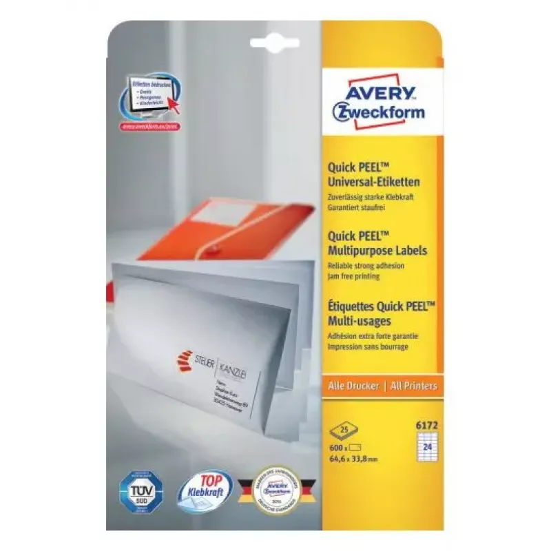 Lipnios etiketės Avery Zweckform 6172 — Stačiakampės, Nuolatinės, Baltos, 600 vnt.