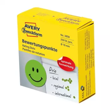 Lipnūs apskriti etikečių lapeliai Avery Zweckform 3858, žali, nuolatinis klijavimas, 1,9 cm Ø, 250 vnt.