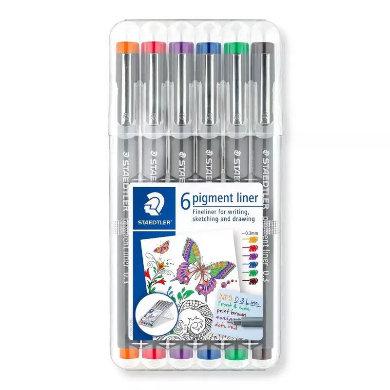 Smulkūs rašikliai Staedtler Pigment Liner 30803-SSB6 mėlyna ruda žalia oranžinė raudona violetinė