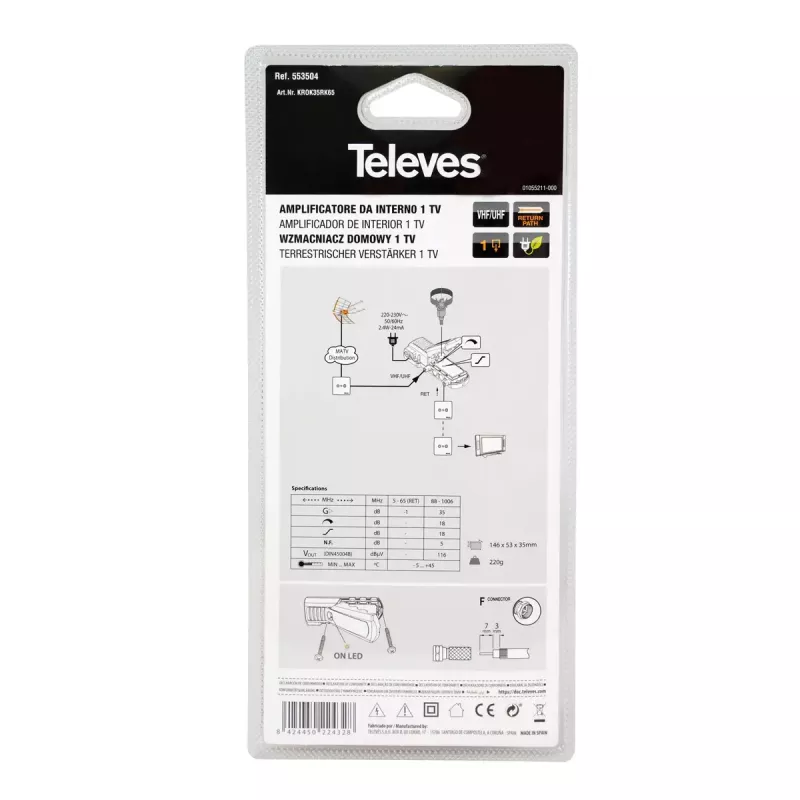 TV signalo stiprintuvas Televes 553504 88 - 1006 MHz F jungtis AC 220 - 230 V