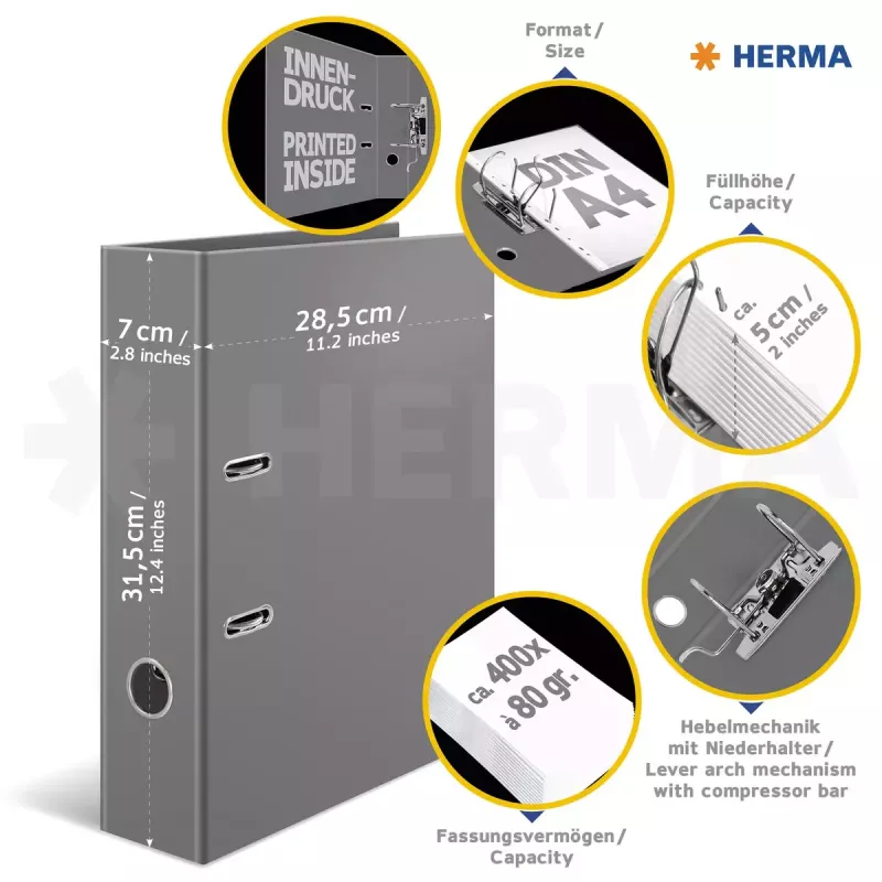Segtuvas HERMA 7016 A4 Juoda Pilka D-žiedų laikmena