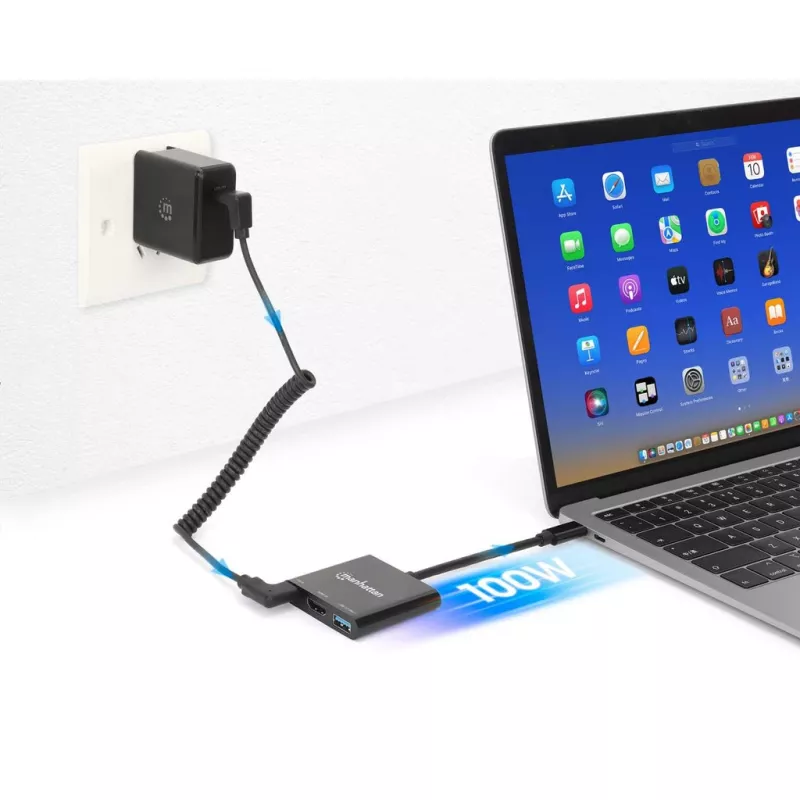 Manhattan USB-C dokas / šakotuvas, prievadai (x3): HDMI, USB-A ir USB-C, su maitinimo tiekimu (100 W) į USB-C prievadą (Pastaba: reikalingas papildomas USB-C sieninis įkroviklis ir USB-C laidas), universalus visiems įrenginiams, kabelis 10 cm, juodas, trejų metų garantija