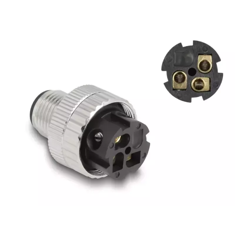 DeLOCK M12 jungtis, A koduota, 3 kontaktų, kištukinė, 90° kampinė, metalinė