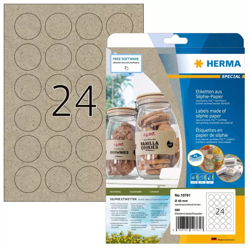 HERMA 10761 lipnios etiketės, apvalios, nuolatinės, rudos, 4 cm, 480 vnt.