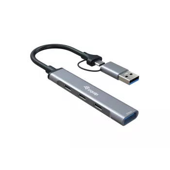 USB 3.2 Gen 1 4 prievadų šakotuvas EQUIP — 3× USB‑C + 1× USB‑A, 5 Gbit/s, aliuminis, pilka