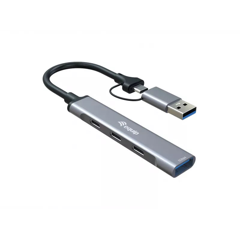 USB 3.2 Gen 1 4 prievadų šakotuvas EQUIP — 3× USB‑C + 1× USB‑A, 5 Gbit/s, aliuminis, pilka