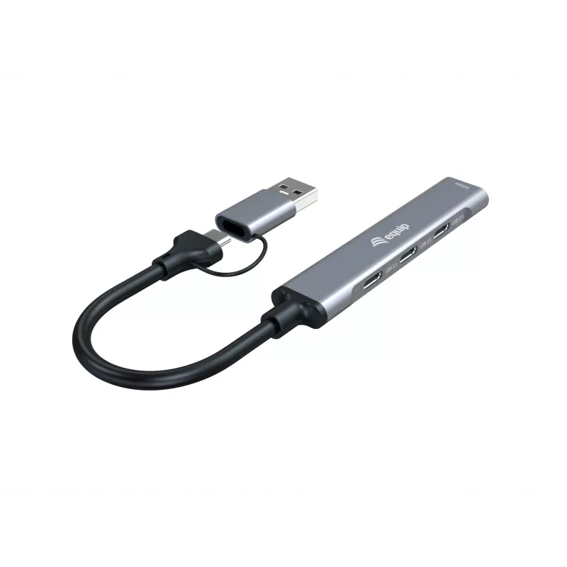 USB 3.2 Gen 1 4 prievadų šakotuvas EQUIP — 3× USB‑C + 1× USB‑A, 5 Gbit/s, aliuminis, pilka