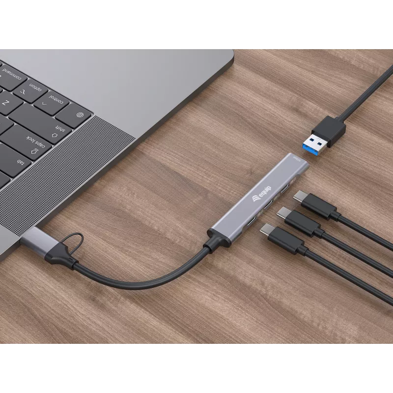 USB 3.2 Gen 1 4 prievadų šakotuvas EQUIP — 3× USB‑C + 1× USB‑A, 5 Gbit/s, aliuminis, pilka