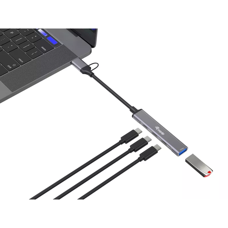 USB 3.2 Gen 1 4 prievadų šakotuvas EQUIP — 3× USB‑C + 1× USB‑A, 5 Gbit/s, aliuminis, pilka