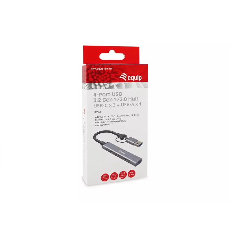 USB 3.2 Gen 1 4 prievadų šakotuvas EQUIP — 3× USB‑C + 1× USB‑A, 5 Gbit/s, aliuminis, pilka