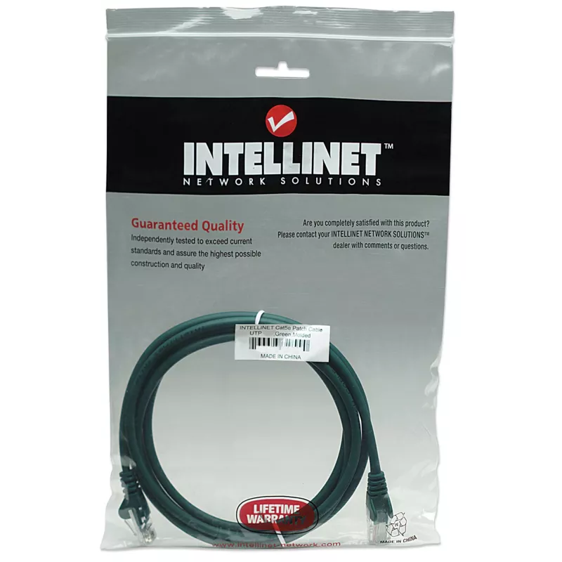 Intellinet tinklo komutacinis kabelis, Cat5e, 15 m, žalias, CCA, U/UTP, PVC, RJ45, paauksuoti kontaktai, neužkabinamas, su apsaugine mova, garantija visam eksploatavimo laikui
