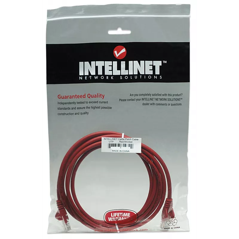 Intellinet tinklo komutacinis kabelis, Cat5e, 15 m, raudonas, CCA, U/UTP, PVC, RJ45, auksuoti kontaktai, neužkabinamas, su apsauginiu gaubteliu, garantija visam naudojimo laikui