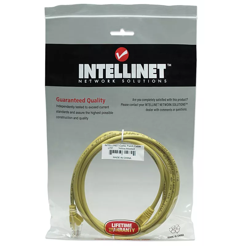 “Intellinet” tinklo komutacinis kabelis, Cat5e, 15 m, geltonas, CCA, U/UTP, PVC, RJ45, auksuoti kontaktai, bekliūvis, su apsauga, garantija visam laikui