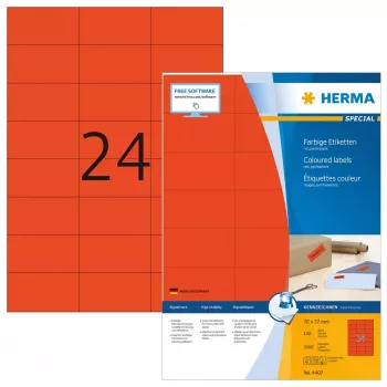 Etiketės HERMA Spalvotos A4 70x37 mm raudonos popierinės matinės 2400 vnt.