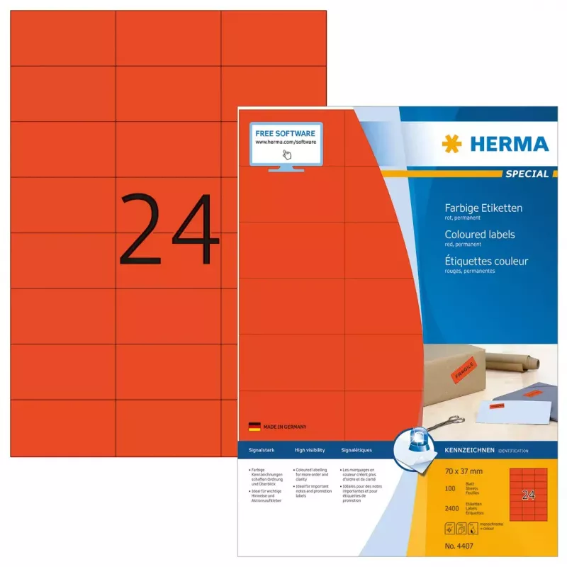 Etiketės HERMA Spalvotos A4 70x37 mm raudonos popierinės matinės 2400 vnt.