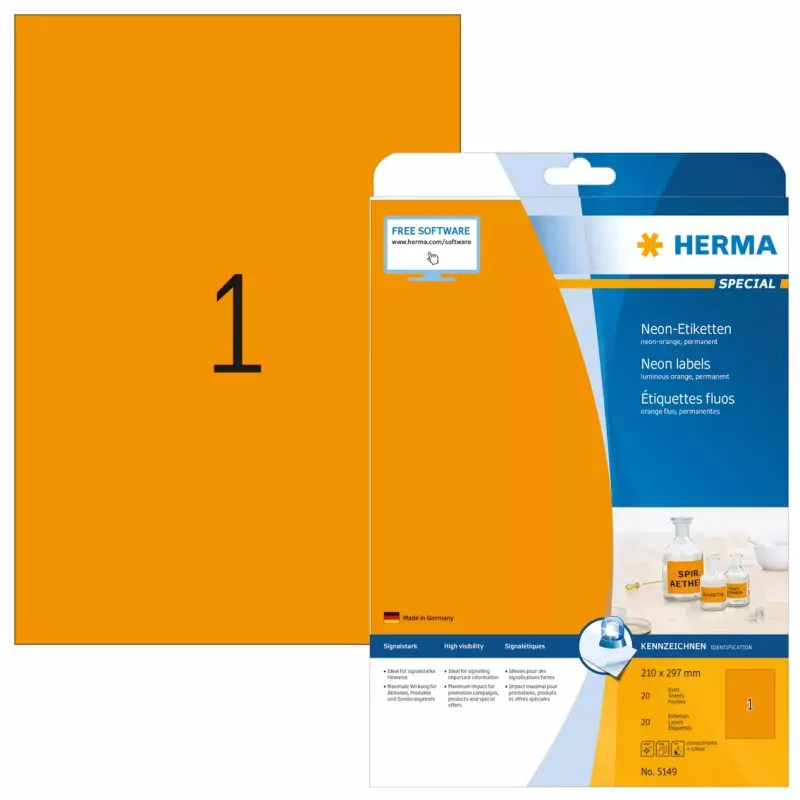 Neoninės etiketės HERMA A4 210x297 mm švytinčiai oranžinės, popierinės, matinės, 20 vnt.
